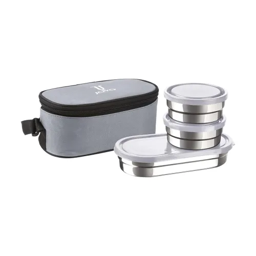 Image of JOYO Executive Smart Lunch with Zipper Pouch, 2 Round Containers, 280 ml Each, 1 Oval Container, 500 ml, Grey | 