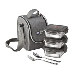 by Joyo - India's First 100% Microwave Safe Stainless Steel Signature Lunch Pack 3 I 3 Leakproof Airtight Containers, 1 Spoon, 1 Fork with Stylish Zipper Bag I for Office & School use