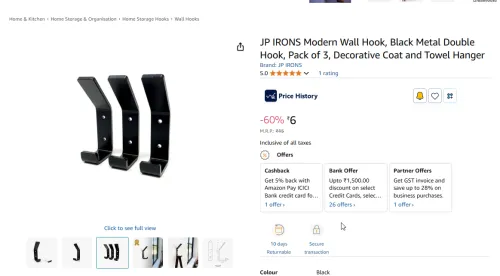 Image of JP IRONS Modern Wall Hook, Black Metal Double Hook, Pack of 3