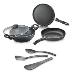 Judge by Prestige ACE Aluminium Non-Stick cookware BYK Set-Tawa 25cm-1U, Fry Pan 20cm-1U, Kadai 20cm-1U with Lid-1U + 3U Nylon Tools|Black