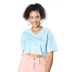JUNEBERRY Women Cropped V-Neck Atomizer T-Shirt with Graphic Print