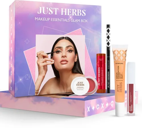Image of Just Herbs Makeup Glam Kit with Lip Balm, Foundation, Liquid Lipstick, Cheek Tint & Kajal