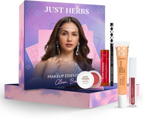 Image of Just Herbs makeup kit, lip balm, foundation, liquid lipstick, cheek tint, kajal. 1   
