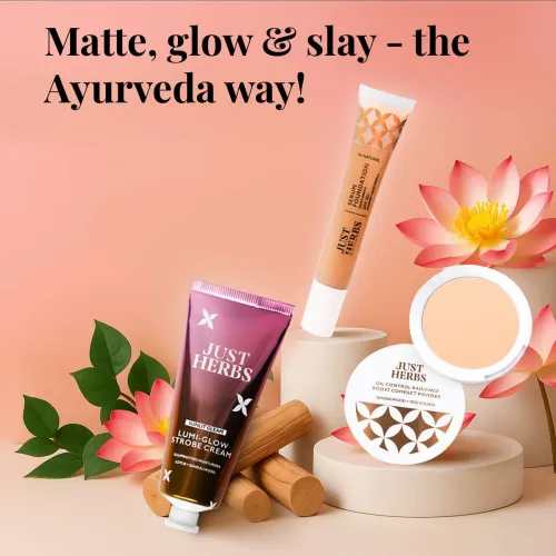Image of Just Herbs Matte Glow Combo Pack of 3 | Foundation, Strobe Cream, Compact Powder Highlighter (59 g, white)