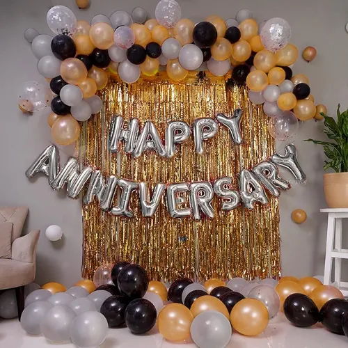Image of Just Party Set of 63 Pcs - 15 Silver 15 Gold 15 Black Metallic Balloons, Silver Happy Anniversary Foil, 2 Golden Curtain