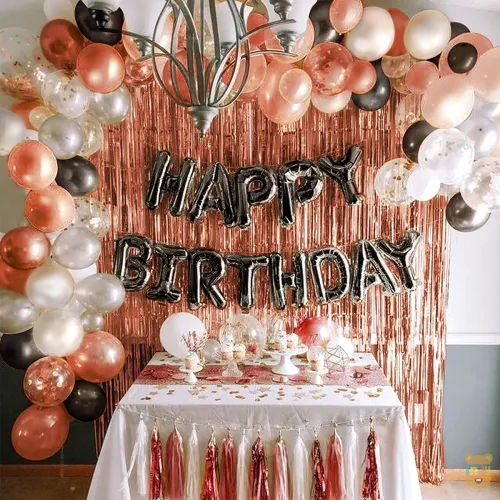 Image of Just Party Set of 60 Pcs Happy Birthday Decoration Kit Combo -Black Happy Birthday Letters , Rose Gold Curtains , Black 