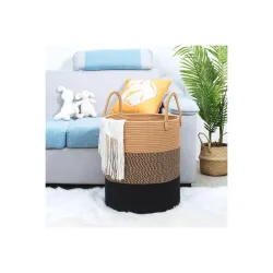 Jute Cotton Rope Laundry Basket with Handles, Large Tall Clothes Hamper for Bedroom, Baby Nursery, Bathroom, Laundry Room & Home Storage Organizer (14x16 Inch, Beige Black 2)