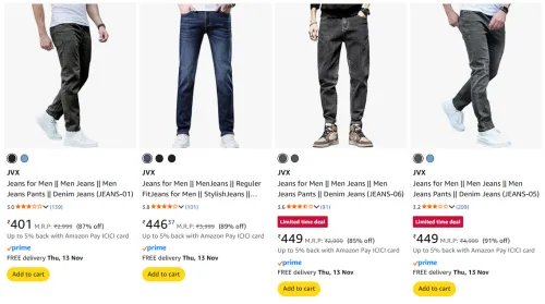 Image of JVX Men's Jeans upto 91% Discount