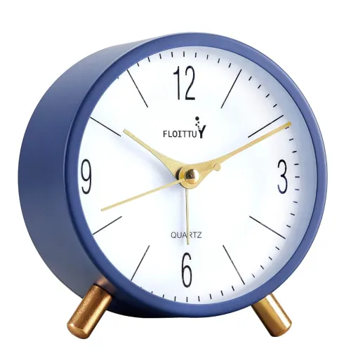 Image of Kadio Metal 4 Inches Super Silent Alarm Clock,Floittuy Navy Blue Beep Wake Round Alarm Clock with Night Light,Battery Op