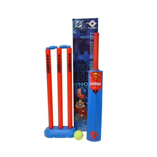 Image of Kaizen Superman Junior Cricket Set for Kids – Superman-Themed Cricket Kit with Bat, Ball, 3 Stumps, Base & 2 Bails – Lig