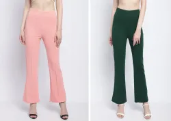 Kanishk Women Regular Fit Dark Green, Pink Cotton Blend Trousers