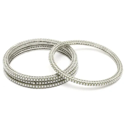 Image of Karatcart Oxidised Silver Pearl Studded Tribal Set of 4 Bangles for Women