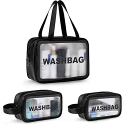 KASHIVAL Clear Travel Toiletry Bags Set, Waterproof Organizer Pouches, Large Capacity Storage Cases for Cosmetics, Accessories, 3 Pack (Black)
