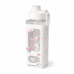 Kawaii Water Bottle for Girls with Straw & Movable Handle | Leak-Proof BPA-Free Cute Plastic Bottle with 2D & 3D Stickers | Stylish School & Travel Bottle for Kids (750 ml) (White)