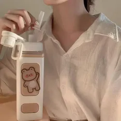 Kawaii Water Bottle with Straw and Sticker, Kawaii Bear Water Bottle, Large Sport Plastic Portable Square Drinking Bottl