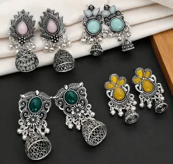 KAYAANSH Oxidised Jhumka Earrings 4 Pair Combo