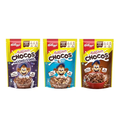 Image of Kellogg's Chocos, With Protein & Fibre Of 1 Roti* In Each Bowl*, 385G Pack & Crunchy Bites, 375G Pack & Chocos Moons & S