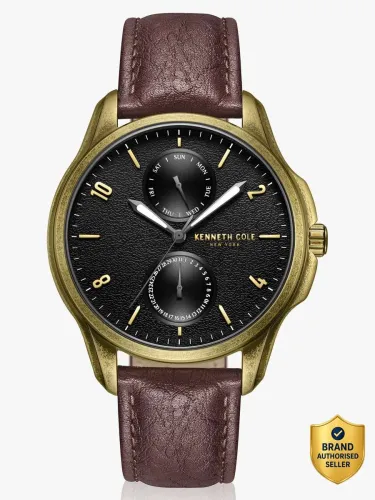 Image of Kenneth Cole Multifunction Black Dial Brown Leather Strap Analog Watch, KCWGF0015901MN