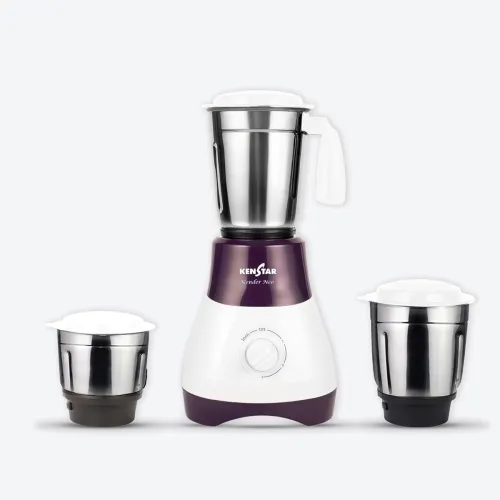 Image of Kenstar SLENDER NEO Mixer Grinder 500 Watts | 3 Multi-Purpose Jars | Powerful Turbo Motor | Overload Safety | White & Pu