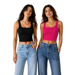 KERI PERRY Womens Cotton Square Neck Crop Tops Set of Two