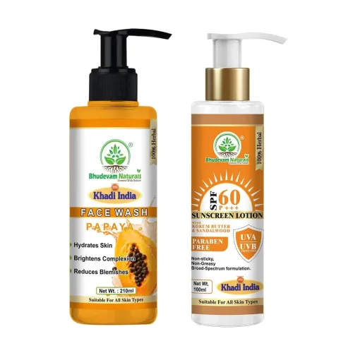Image of Khadi Sunscreen SPF 60 PA+++ with Papaya Face Wash Combo for Glowing Skin By Bhudevam Naturals | UV Protection Sun Cream