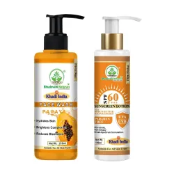 Khadi Sunscreen SPF 60 PA+++ with Papaya Face Wash Combo for Glowing Skin By Bhudevam Naturals | UV Protection Sun Cream