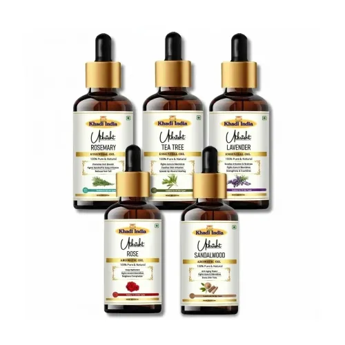 Image of Khadi Utkrisht Premium Essential Oils Combo of 5 – Rosemary, Tea Tree, Lavender, Rose & Sandalwood for Hair Growth, Skin