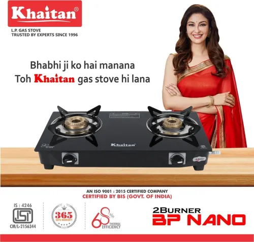 Image of Khaitan 2 Burner BP Nano MS Black Glass Manual Gas Stove  (2 Burners)