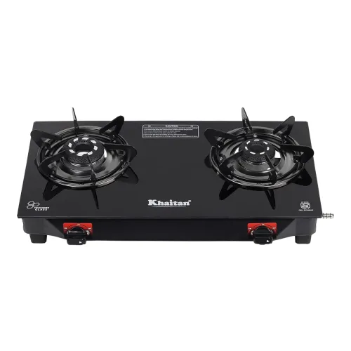 Image of Khaitan 2 Burner Selios Black Manual Gas Stove Toughened Glass SI Marked with 1 Year Warranty.