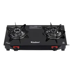 Khaitan 2 Burner Selios Black Manual Gas Stove Toughened Glass SI Marked with 1 Year Warranty.