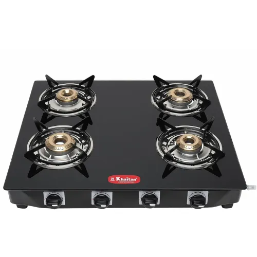 Image of Khaitan Tempered Glass 4 Burner Premium Black Toughened Lpg Gas Cooktop, Manual Ignition Stove With 1 Year Warranty (Isi