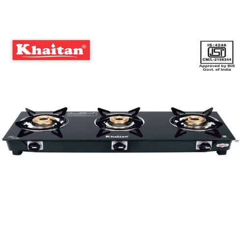 Image of Khaitan Black Glass 3 Burner LPG Gas Stove