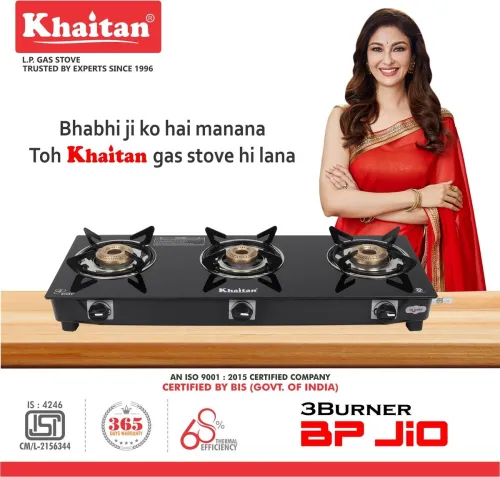 Image of Khaitan 3B BP Black Glass Manual Gas Stove  (3 Burners)