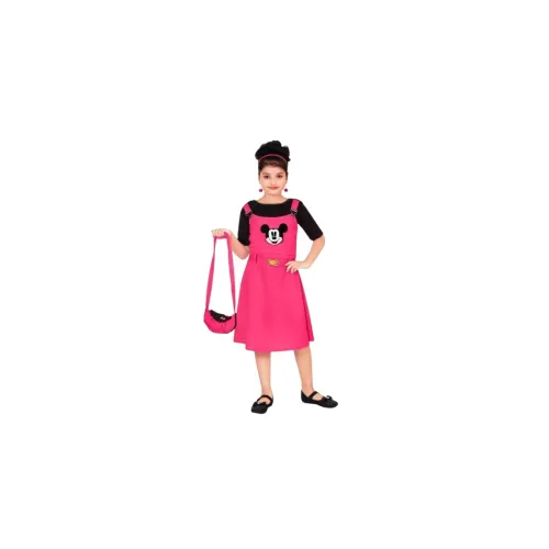 Image of Kid Girls Cartoon Printed Crepe Self-Design Dress with Bag
