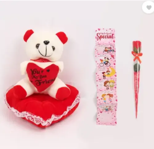 Image of Kiddie Castle Teddy on Heart With Greeting Card and Rose