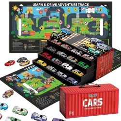 Kidology 48-Piece Pull Back Car Set, Racing & Toy Vehicles for Kids 3+, Bulk Mini Cars, Learning & Educational Stuffers Mini Cars Toy Trucks, Birthday Gift for Boys & Girls.