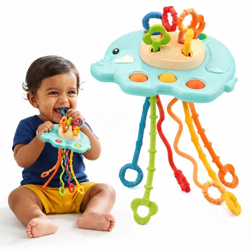Image of Kidology Elephant Pull String Sensory Toys for Todlers | Teething Toy for Babies 6+ Months | Montessori Fine Motor Skill