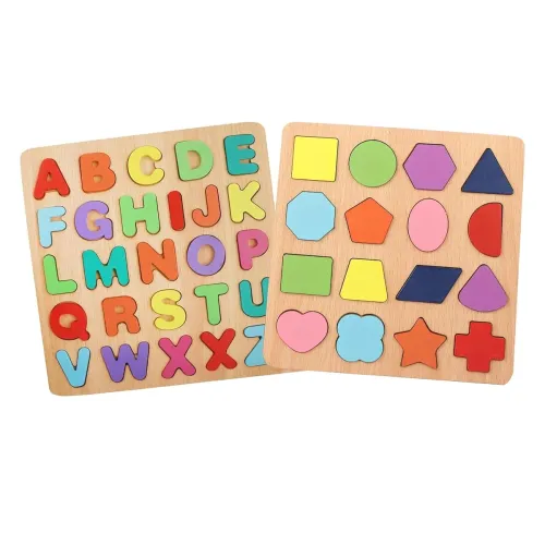 Image of Kidology Wooden Montessori Puzzles Set (Alphabet + Shapes, 2 Pcs)