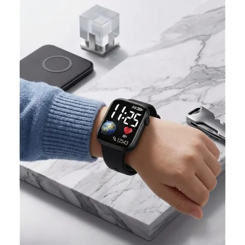 Image of Kids Digital led Smart Watch with Waterproof Digital Display, Black Silicone Band, Square Dial