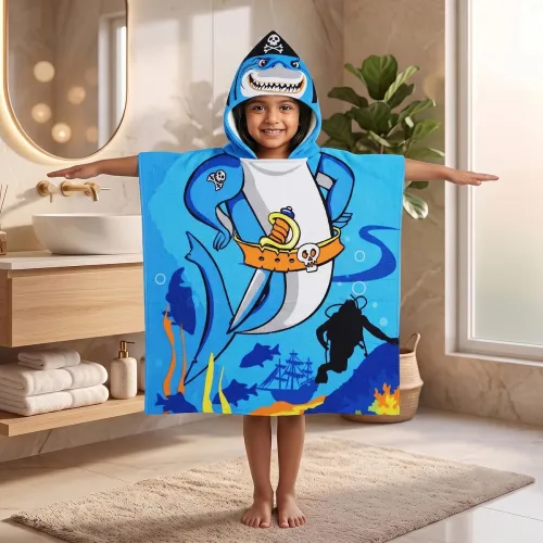 Image of Kids Poncho Towel 120x60 CM, Captain Shark