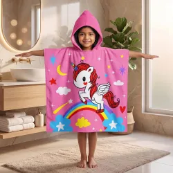 Kids Poncho Towel 120x60 CM, Unicorn Rainbow, Bubblegum Pink