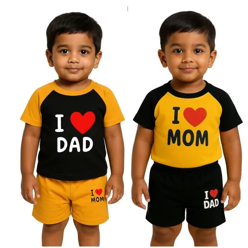 Image of Kids T-Shirt and Shorts Set - I Love Mom & Dad Printed Dress - Pack Of 2
