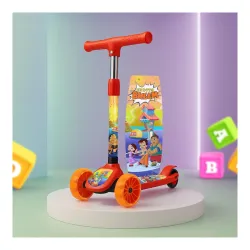 Kidsmate Chhota Bheem® Kick Scooter with Broad PVC Wheels | Non-Slip Wide Deck with Push Brake Kids Scooter for Age 3+ Yrs | 4-Level Height Adjustable | Max User Weight 50Kg - Red
