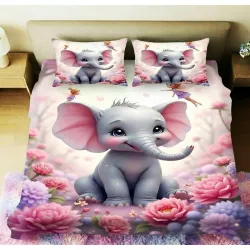 Home Sizzler Premium 7D Kids Soft Microfiber Double Bedsheet with 2 Pillow Covers - Soft, Breathable, Cute 3D Baby Elephant & Pink Floral Fairy Print