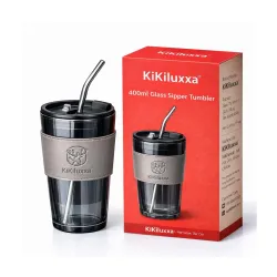 KiKiluxxa 400ml Glass Coffee Sipper with Straw 1pcs- Fruit Milk Juice Glass Tumbler with Lid - Tea Glass Cup with Straw 