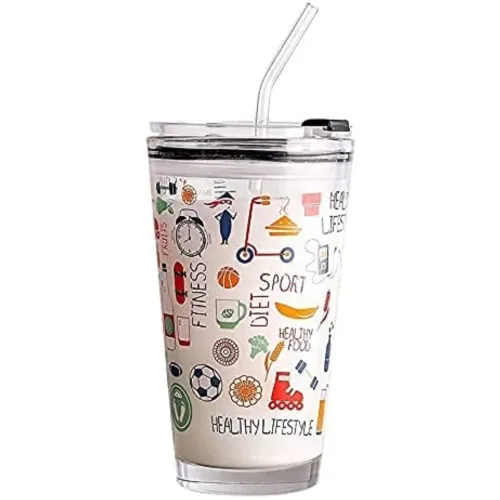 Image of Kikiluxxa Random Design Cartoon Creative Glass Tumbler Sipper Mug For Kids Juice Cup With Lid And Silicon Straw 400Ml - 
