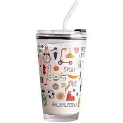 Kikiluxxa Random Design Cartoon Creative Glass Tumbler Sipper Mug For Kids Juice Cup With Lid And Silicon Straw 400Ml - 