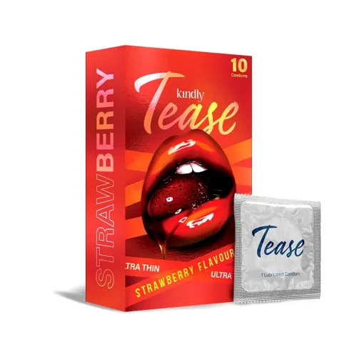 Image of Kindly Tease Ultra Thin Strawberry flavour Condoms for Men, (Pack of 10)