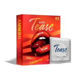 Kindly Tease Ultra Thin Strawberry Flavour Condoms for Men, Pack of 3 - Extra Sensitive,0.05 MM Thin For Skin Like Feel, Paraben Free, Safe & Comfortable Protection