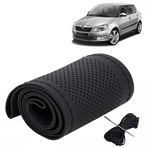 Image of KINGSWAY® Car Steering Wheel Cover Sewable Compatible with Skoda Fabia (Year 2007-2014), Top-Notch PU Leatherite,